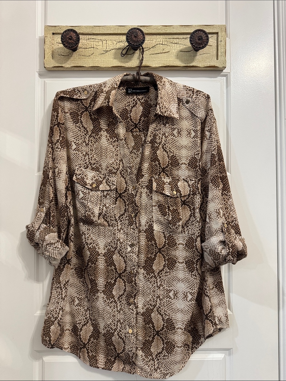 New York & Company Brown Snake-Print Button-Down Shirt